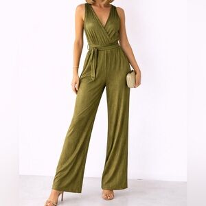 Boohoo Olive Pleated Shimmer Jumpsuit Wide Leg Tie Waist Size 6